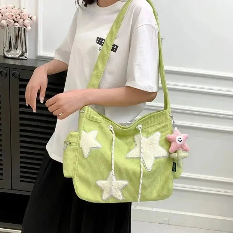 2024 New Niche Design Handbag Cute Star Women's Shoulder Bags Student Large Capacity Commuting Tote Corduroy Solid Crossbody Bag