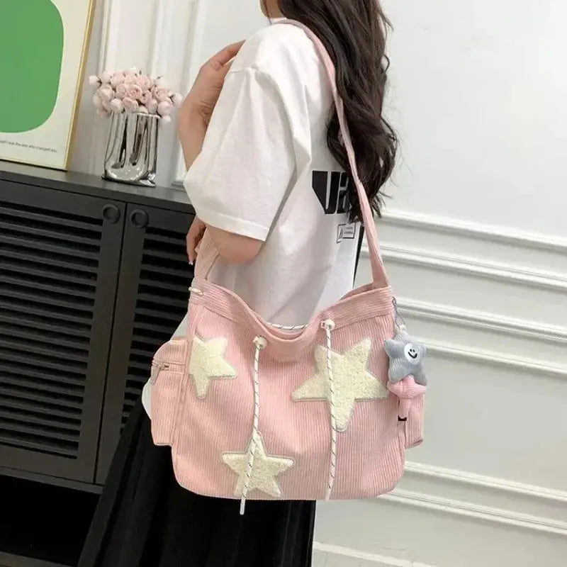 2024 New Niche Design Handbag Cute Star Women's Shoulder Bags Student Large Capacity Commuting Tote Corduroy Solid Crossbody Bag