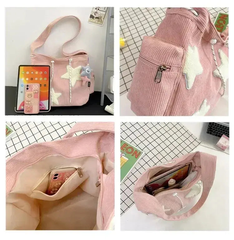2024 New Niche Design Handbag Cute Star Women's Shoulder Bags Student Large Capacity Commuting Tote Corduroy Solid Crossbody Bag
