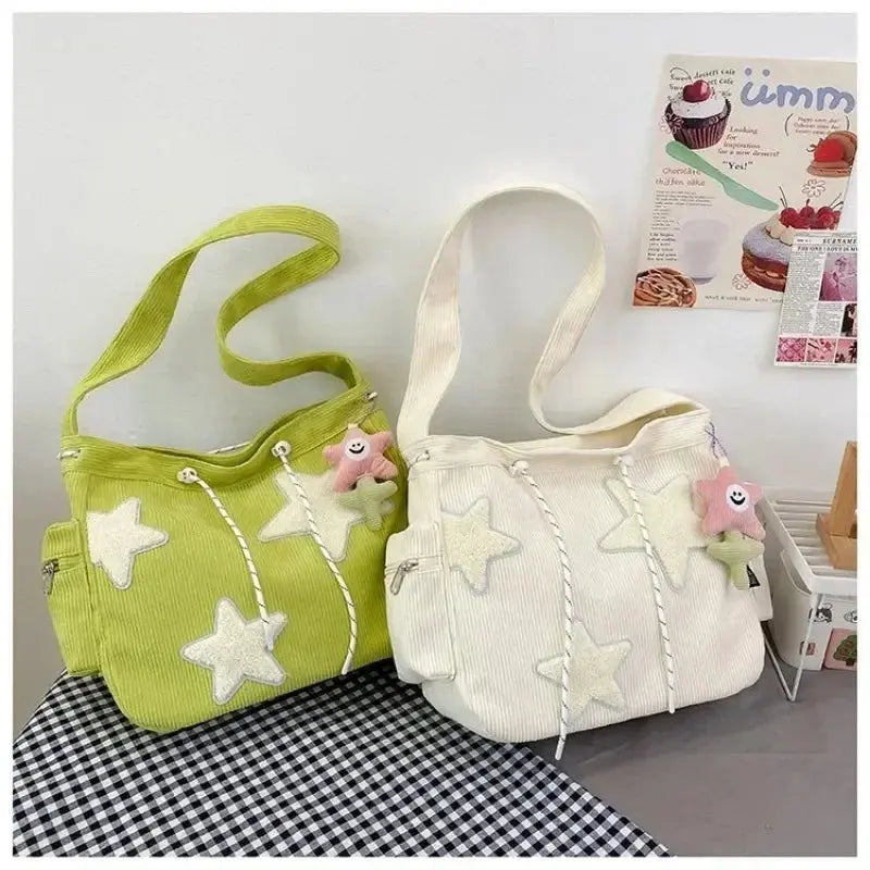 2024 New Niche Design Handbag Cute Star Women's Shoulder Bags Student Large Capacity Commuting Tote Corduroy Solid Crossbody Bag