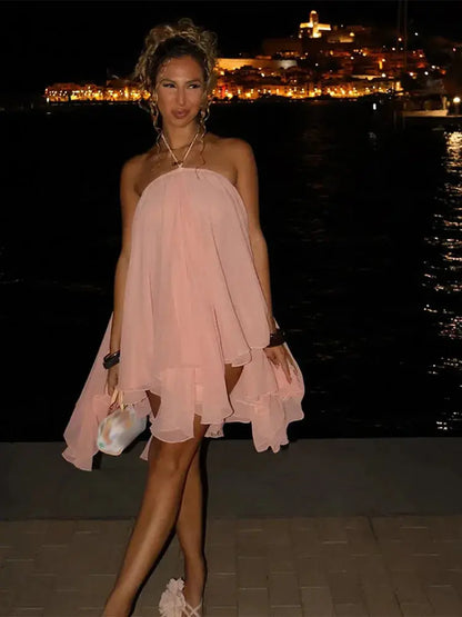 Casual Solid Halter Mini Dresses Fashion Backless Sleeveless Loose Ruffle Irregular Robe For Women 2025 Summer Female Beach Gown