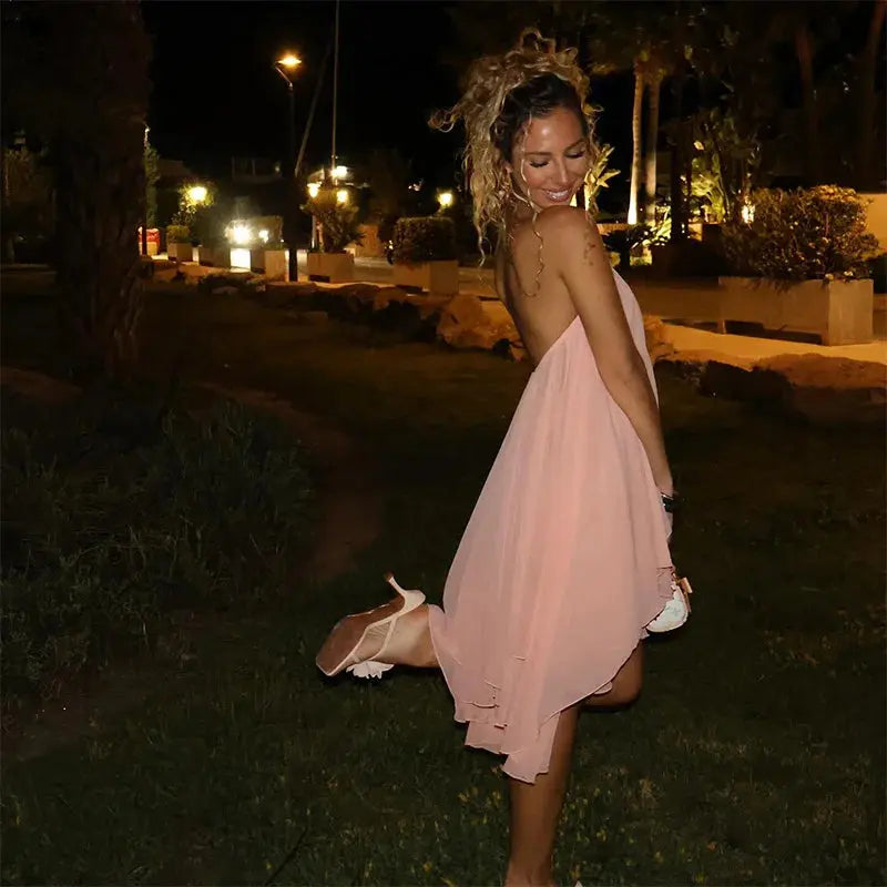 Casual Solid Halter Mini Dresses Fashion Backless Sleeveless Loose Ruffle Irregular Robe For Women 2025 Summer Female Beach Gown