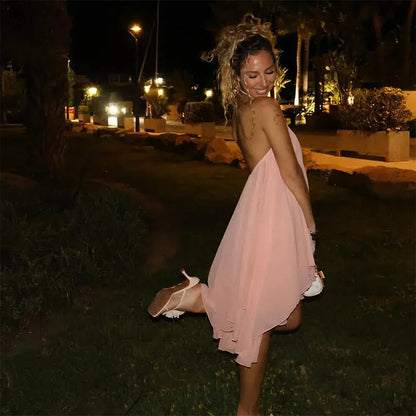 Casual Solid Halter Mini Dresses Fashion Backless Sleeveless Loose Ruffle Irregular Robe For Women 2025 Summer Female Beach Gown