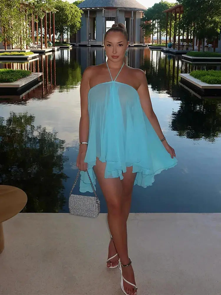 Casual Solid Halter Mini Dresses Fashion Backless Sleeveless Loose Ruffle Irregular Robe For Women 2025 Summer Female Beach Gown