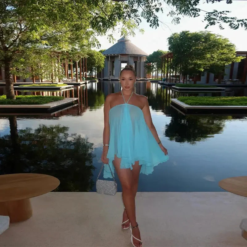 Casual Solid Halter Mini Dresses Fashion Backless Sleeveless Loose Ruffle Irregular Robe For Women 2025 Summer Female Beach Gown