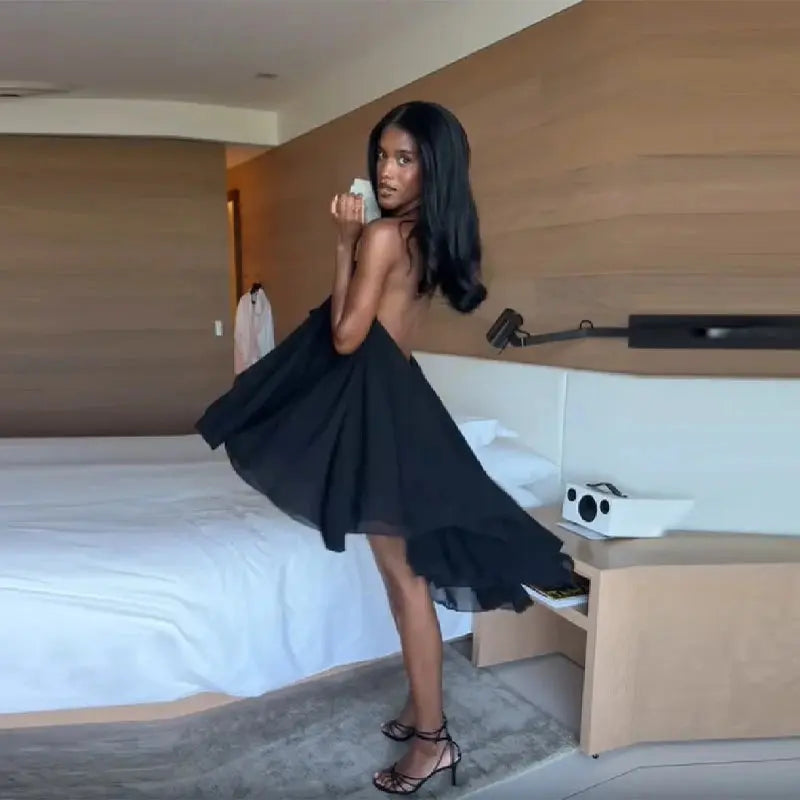Casual Solid Halter Mini Dresses Fashion Backless Sleeveless Loose Ruffle Irregular Robe For Women 2025 Summer Female Beach Gown