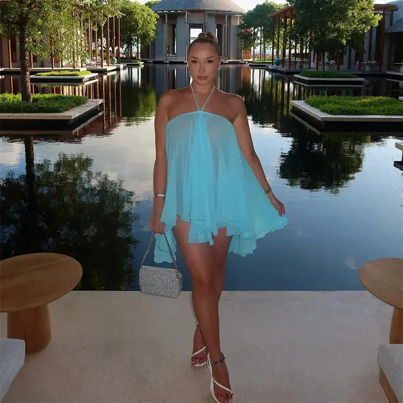 Casual Solid Halter Mini Dresses Fashion Backless Sleeveless Loose Ruffle Irregular Robe For Women 2025 Summer Female Beach Gown