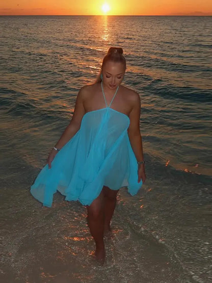 Casual Solid Halter Mini Dresses Fashion Backless Sleeveless Loose Ruffle Irregular Robe For Women 2025 Summer Female Beach Gown