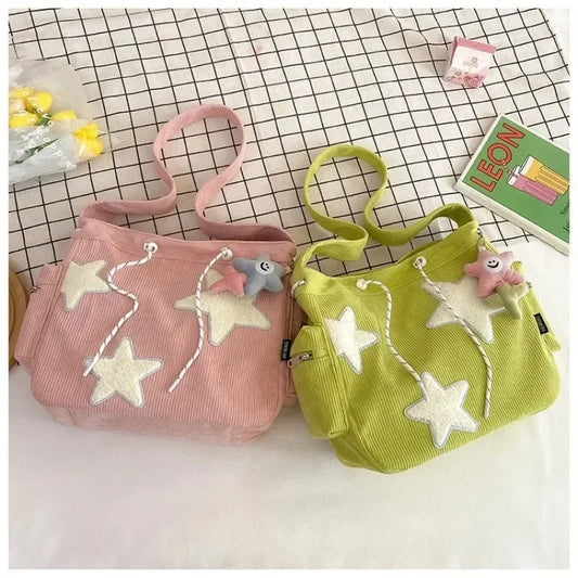 2024 New Niche Design Handbag Cute Star Women's Shoulder Bags Student Large Capacity Commuting Tote Corduroy Solid Crossbody Bag