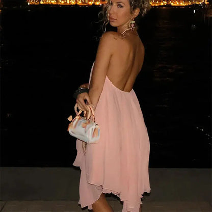Casual Solid Halter Mini Dresses Fashion Backless Sleeveless Loose Ruffle Irregular Robe For Women 2025 Summer Female Beach Gown