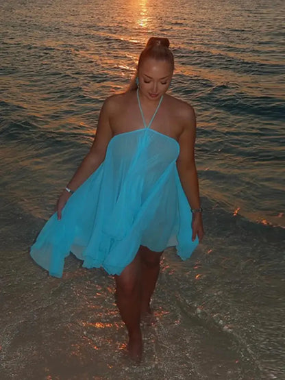 Casual Solid Halter Mini Dresses Fashion Backless Sleeveless Loose Ruffle Irregular Robe For Women 2025 Summer Female Beach Gown